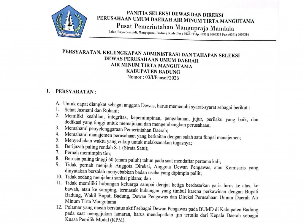 Persyaratan, Kelengkapan Administrasi dan Tahapan Seleksi Dewan Perusahaan Umum Daerah Air Minum Tirta Mangutama Kabupaten Badung